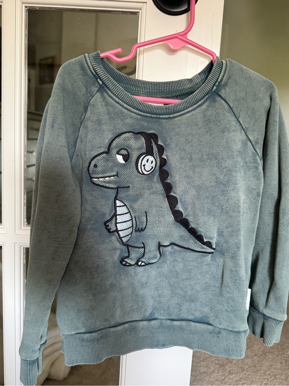 Huxbaby Dusty Green Dino Sweatshirt with Embroidered Detail